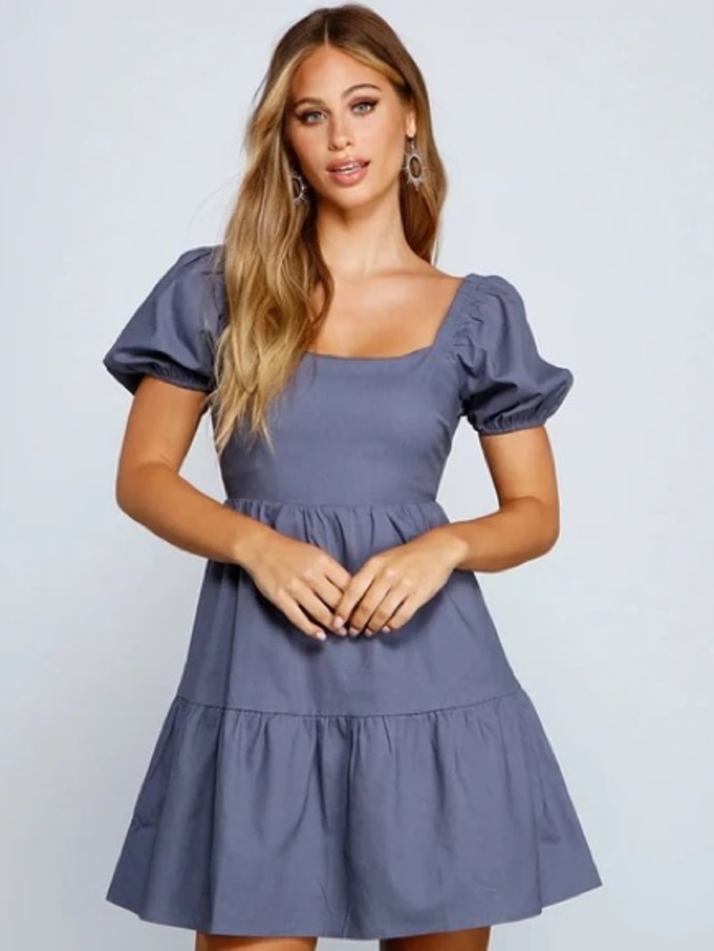 Puff Sleeve Tiered Mini Dress in Slate Blue